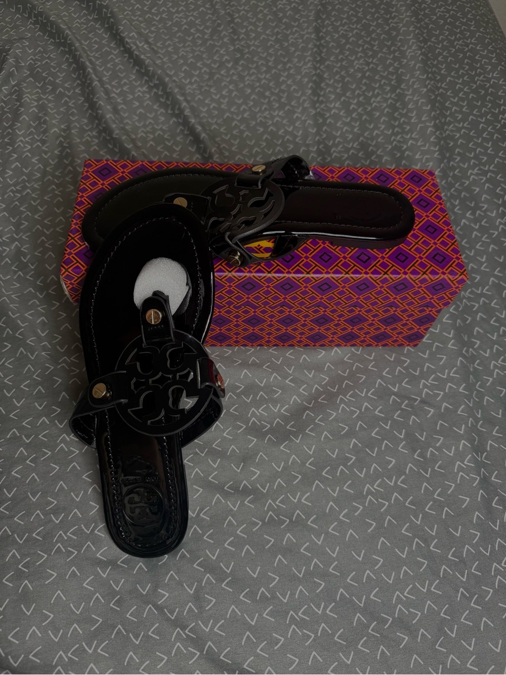 Tory Burch Black Patent Cutout Logo Slide Sandals